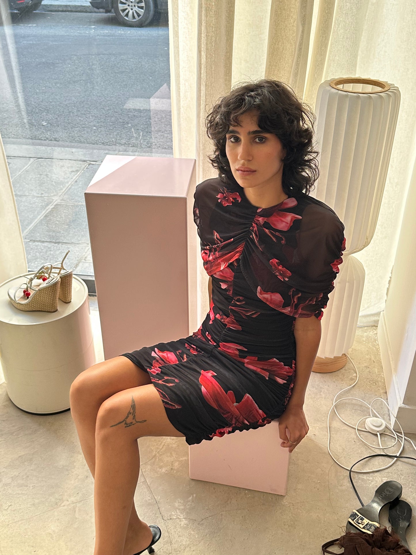 saemdi draped floral mini dress
