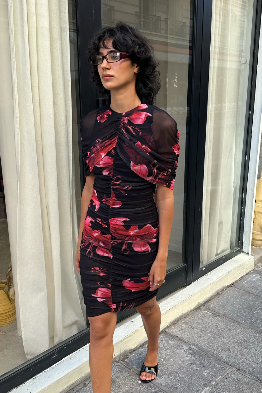 saemdi draped floral mini dress