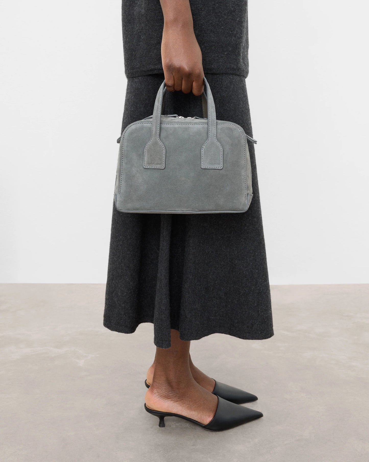 flattered laci suede mini bowler bag