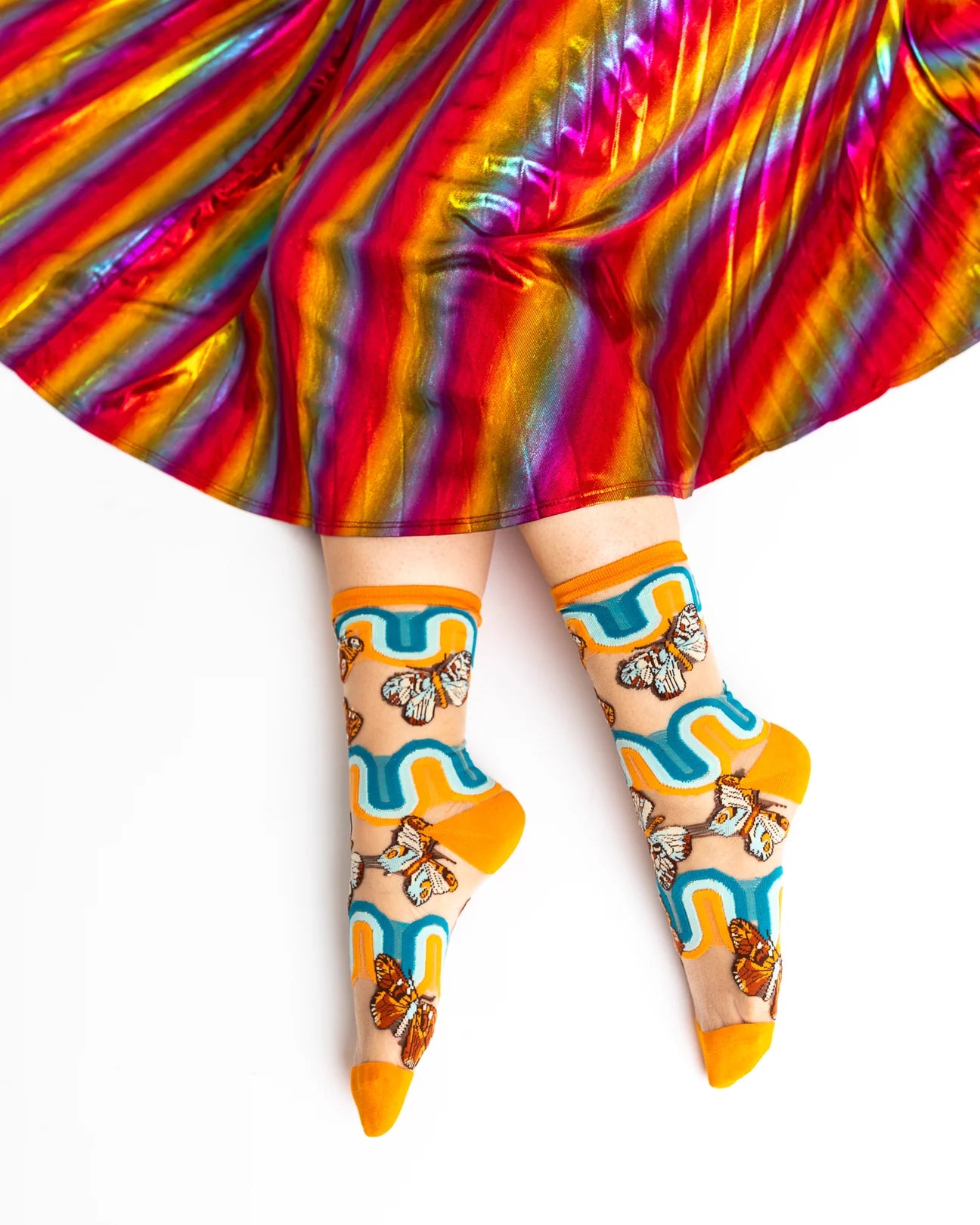 sock candy '70s rainbow butterfly sheer mid high sock