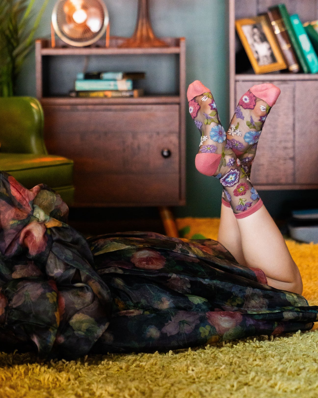 sock candy dark florals black sheer sock