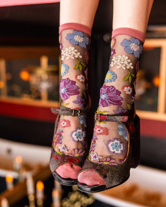 sock candy dark florals black sheer sock
