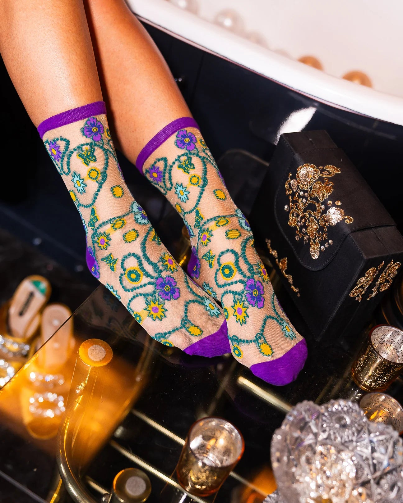 sock candy jeweled floral gold shimmer sheer sock