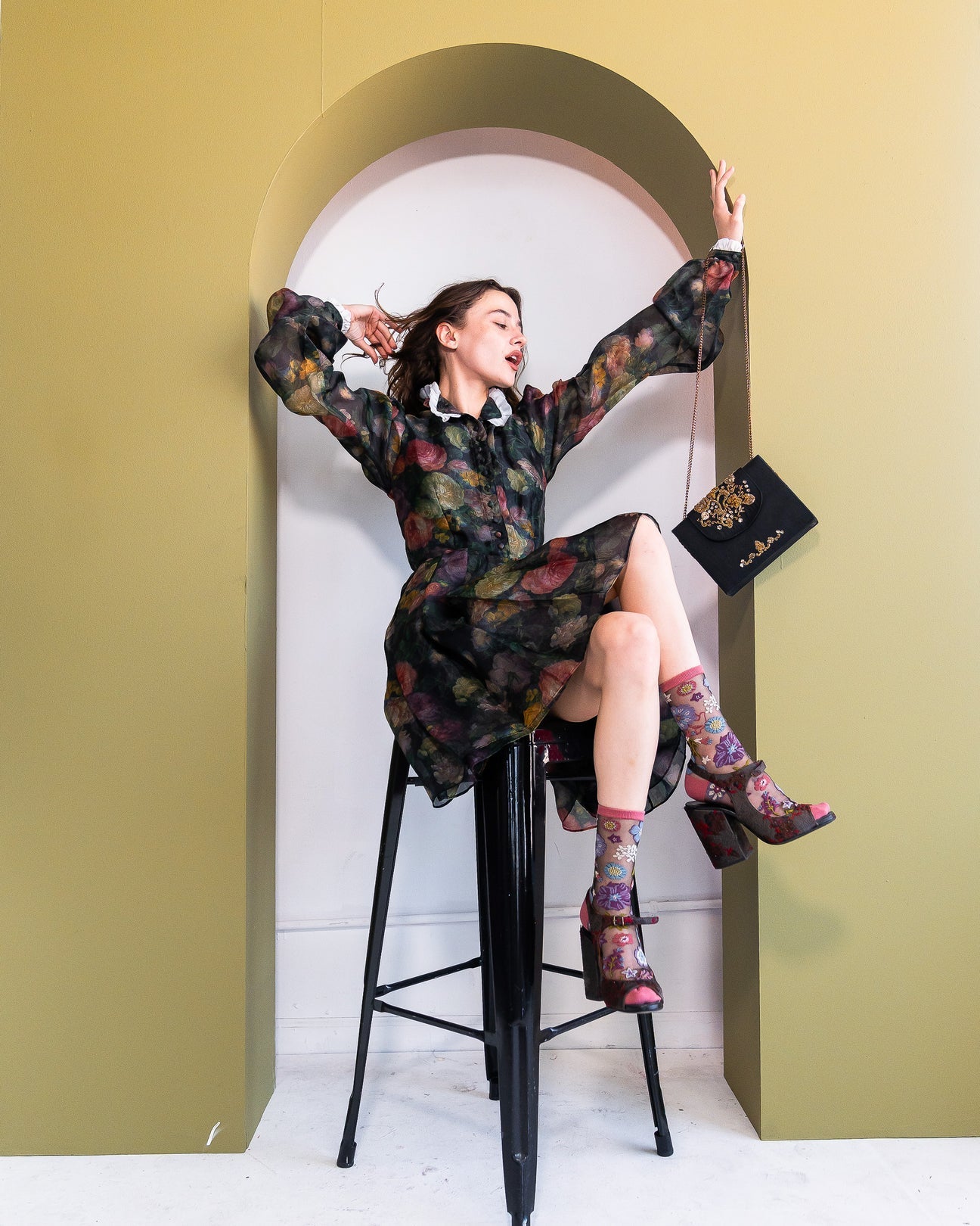 sock candy dark florals black sheer sock